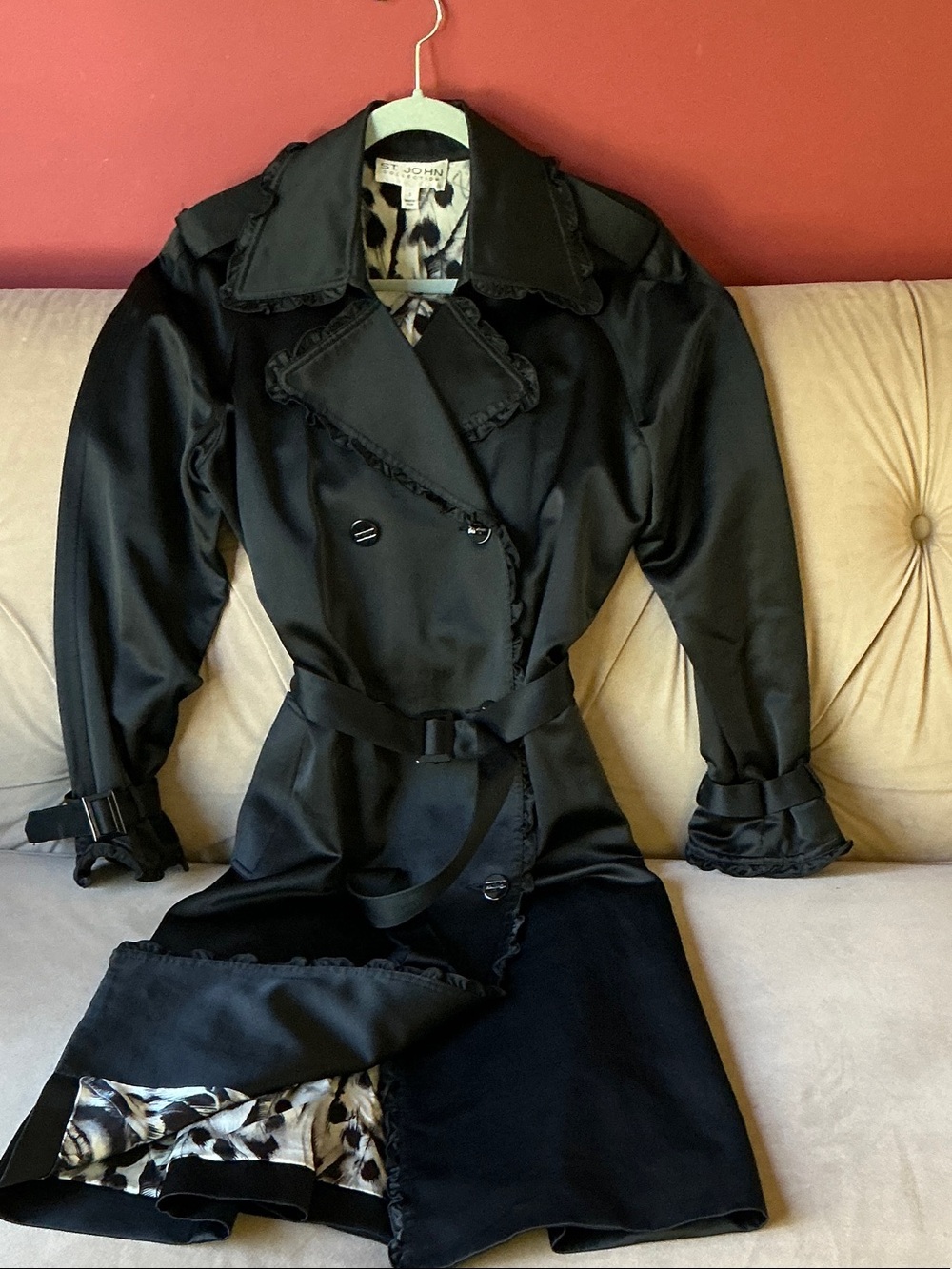 St. John Satin Wool Trench Coat Feather Leopard Lining Black Buttons Buckles